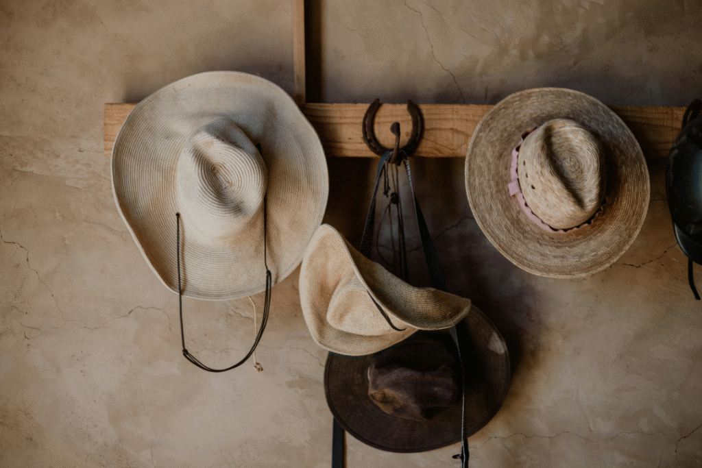 Assorted cowboy hats hanging on a wooden rack.